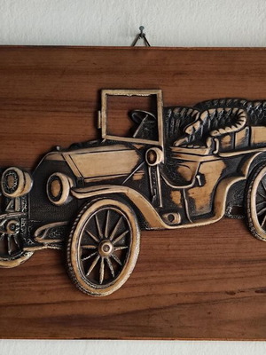 Vintage διακοσμητική πλάκα Mercedes 1903 μεταχειρισμένη, ξύλο και ορείχαλκος