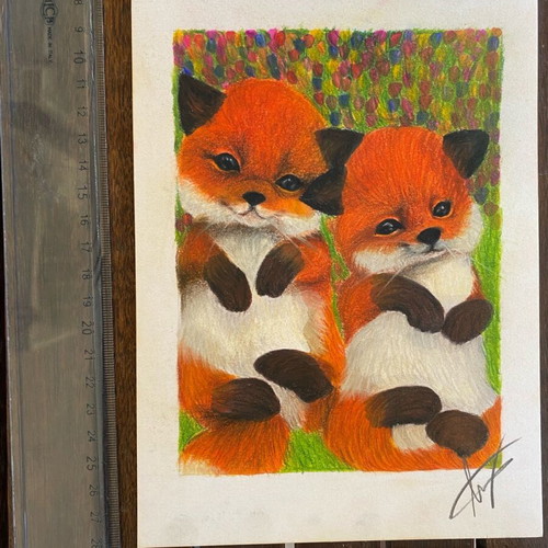 Fox Pups drawing new, A5 size with acrylic varnish