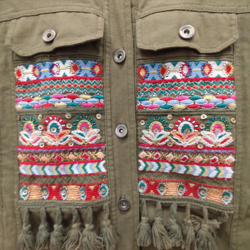 Stradivarius shacket boho embroidered, size S, khaki