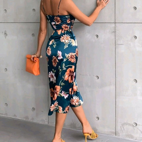 Floral satin drape neck split thigh teal dress size M 38 new