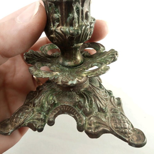 Candlestick old used brass with embossed decorations
