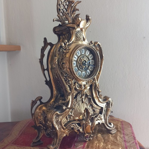 Vintage brass table clock with five-arm candlestick set like new