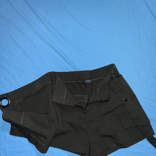 Bershka khaki shorts with front closure and silver detail, size S