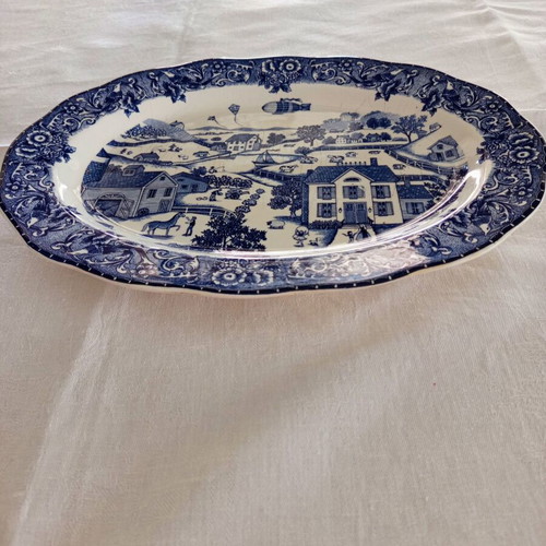 Oval serving platter used, blue and white porcelain Made in Japan