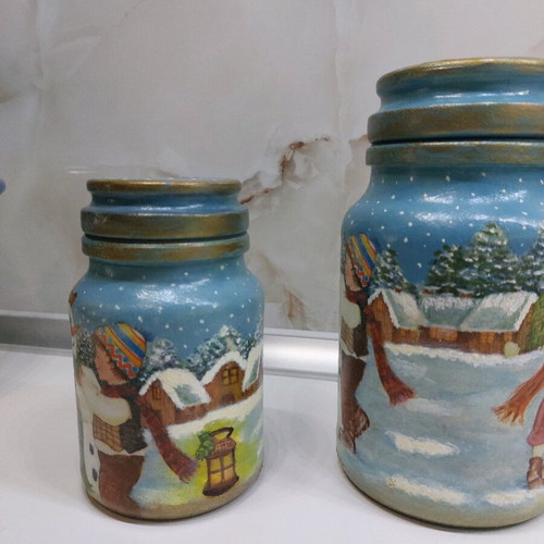 Handmade decorative glass vases with decoupage and acrylic paint