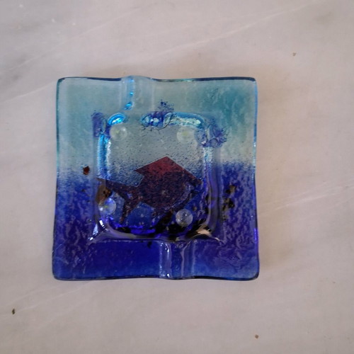 Handmade glass ashtray with blue fish design