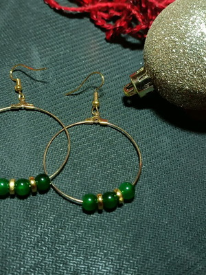 Handmade gold-colored hoop earrings with green stone new
