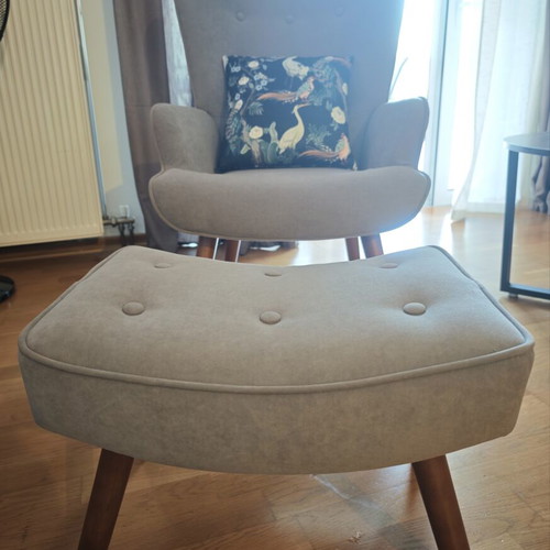 Armchair, stool and cushion set like new, beige fabric