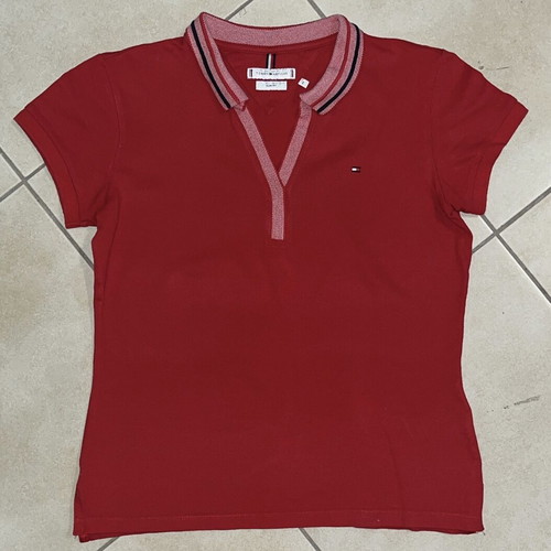 Tommy Hilfiger Women Polo Shirt red slim fit contrast collar size L like new