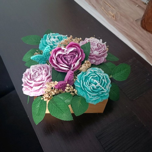 Scented wax flower bouquet like new in wooden crate