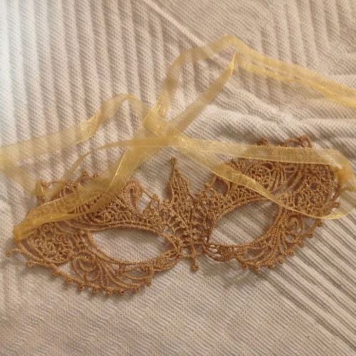 Gold carnival mask new with rhinestones and ribbon