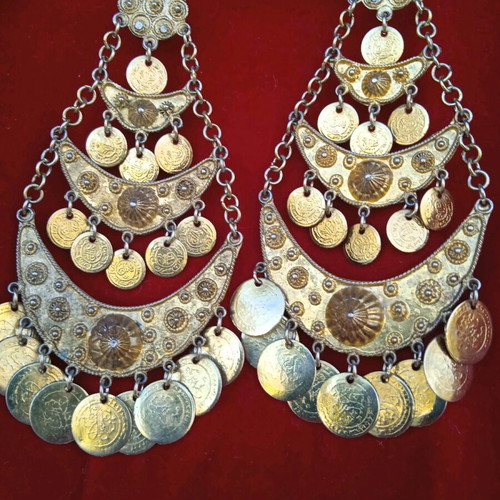 Silver vintage earrings with Ottoman coins like new, gold-toned