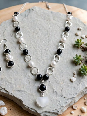 Black and white elegant jewellery set handmade for all seasons