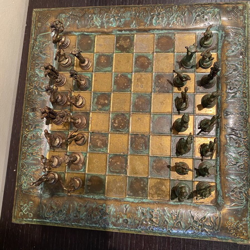 Handmade chess set with ancient Greek characters, vintage, used, missing 2 pieces
