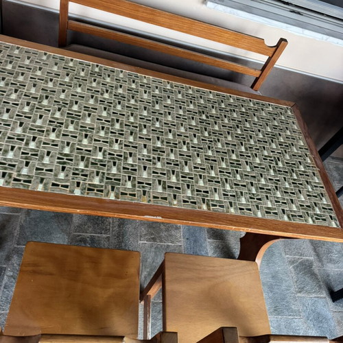 Handmade solid beech wood dining table with mosaic tiles and seating