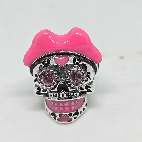 Sugar Skull Charm with Pink Hat and Crystals Silver 925 like new