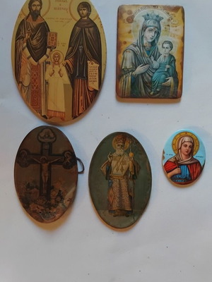 Christian old tin icons with gift book about Saint Raphael Monastery