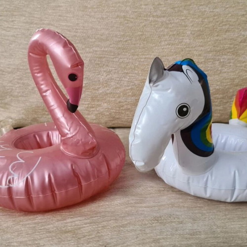 Inflatable cup holders with unicorn and flamingo, like new