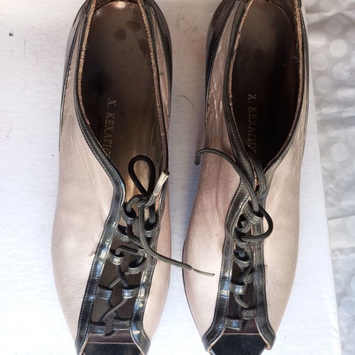 Vintage satin ankle boots like new, gray and silver, heel 6 cm