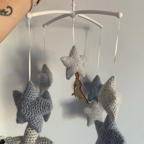 Handmade musical baby mobile with little prince and blue stars used