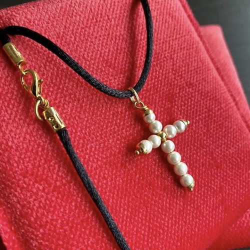 14k cross with pearls and silk cord new