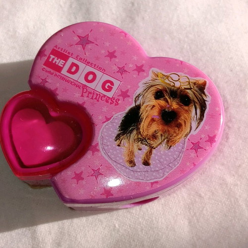 Pink heart-shaped sharpener with Yorkshire Terrier theme, like new