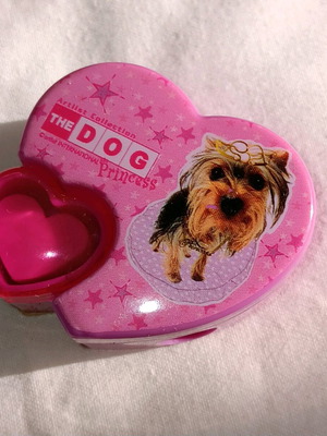 Pink heart-shaped sharpener with Yorkshire Terrier theme, like new