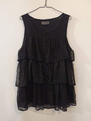 Numph black transparent top with polka dot and tiered ruffles like new