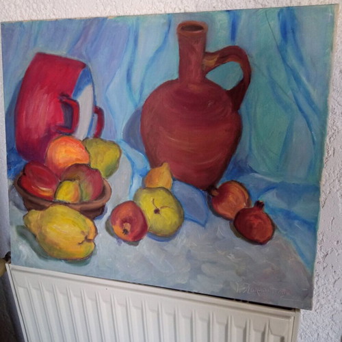Oil painting authentic on canvas used, jug and fruits