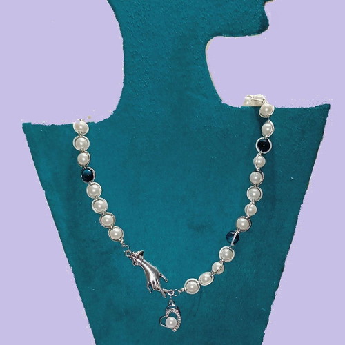 Handmade necklace with white pearls, blue tiger eye and metal elements new