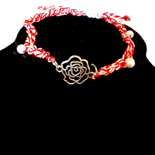 Handmade Martaki with silver metal rose and white pearls new