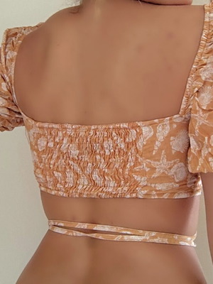 Pull&Bear crop top with balloon sleeves and waist tie, orange, size S