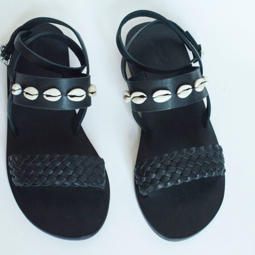 Urban Outfitters Black Leather Sandals new with shells and weaving size 39