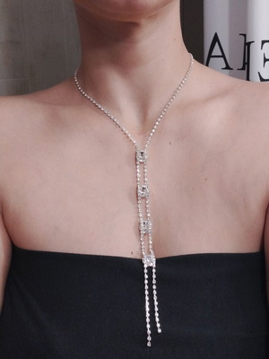 Evening jewelry set necklace-lariat and earrings with strass, new, silver-tone
