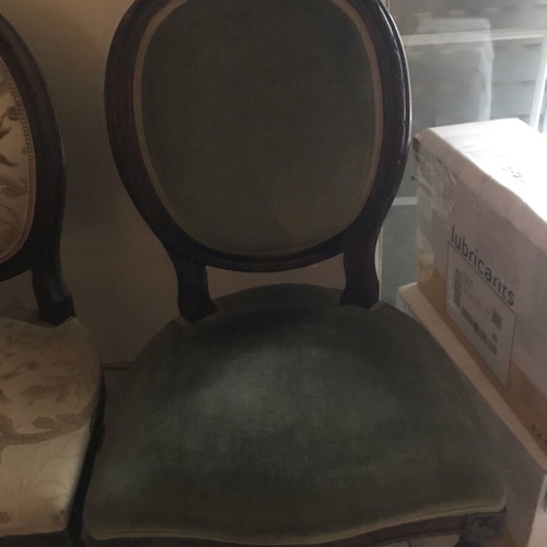 Vintage dining chair used, handmade walnut wood, olive velvet fabric