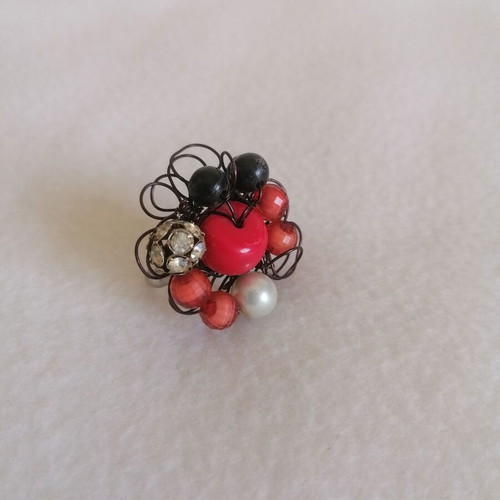 Handmade ring new with black, red and silver beads
