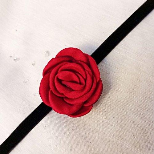 Black velvet choker with large red fabric flower new
