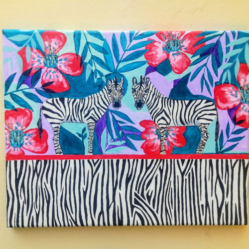 Boho Zebras Painting Acrylic on Canvas 40x50 cm New