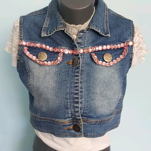 Miss Latina denim vest with pink stones like new, sizes L to XXL