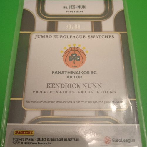 Kendrick Nunn jumbo patch /99 Panini Select Euroleague card