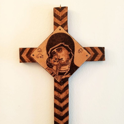 Panagia with Divine Infant handmade cross with pyrography new