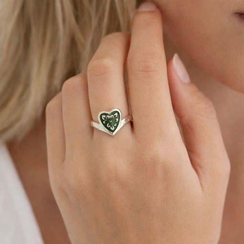 Silver heart ring new with handmade niello design