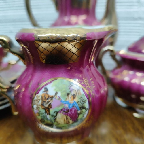 Porcelain coffee set used, 15 pieces, burgundy-fuchsia with gold details