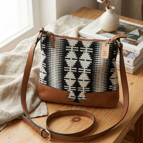 Boho shoulder bag crossbody with geometric pattern and brown details like new