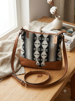Boho shoulder bag crossbody with geometric pattern and brown details like new