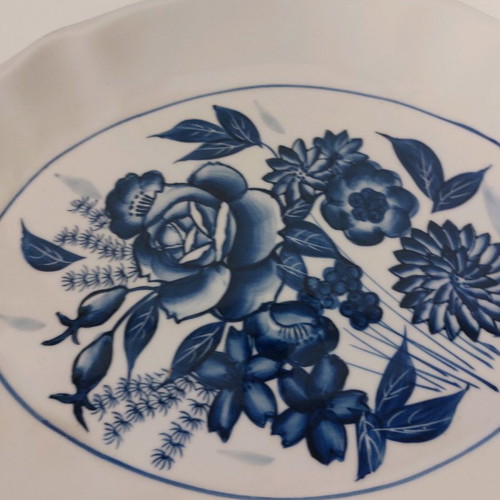 Large platter used 42×26 cm faience hand-painted with pewter handles