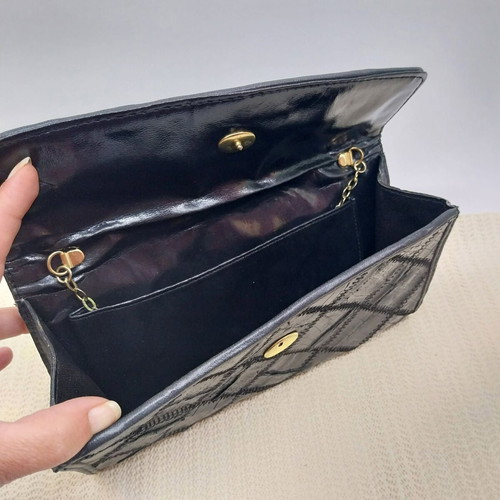Vintage small leather evening bag, patchwork design, black