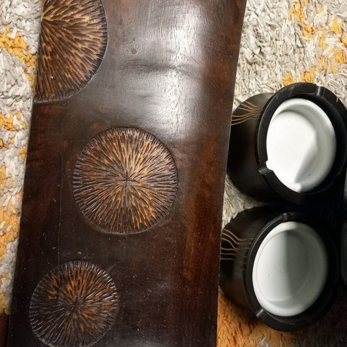 Wooden large bowl used with two ashtrays and a tray
