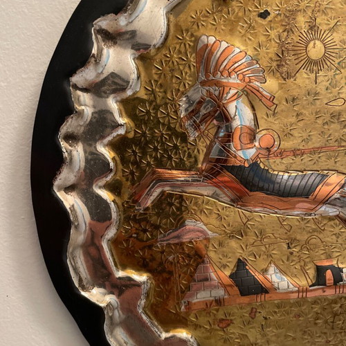 Decorative wall plate used, brass with Egyptian warrior