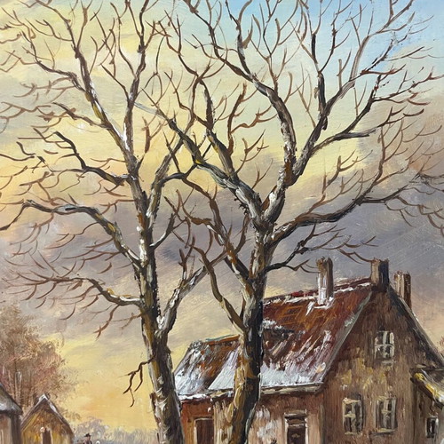 Oil painting on wood winter landscape by Abatucci